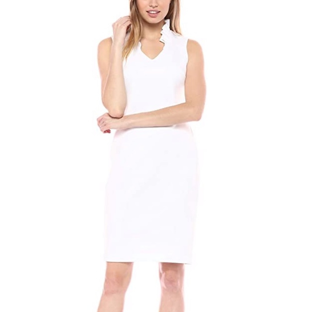 Calvin Klein White Ruffle VNeck Sheath Dress 4 NWT